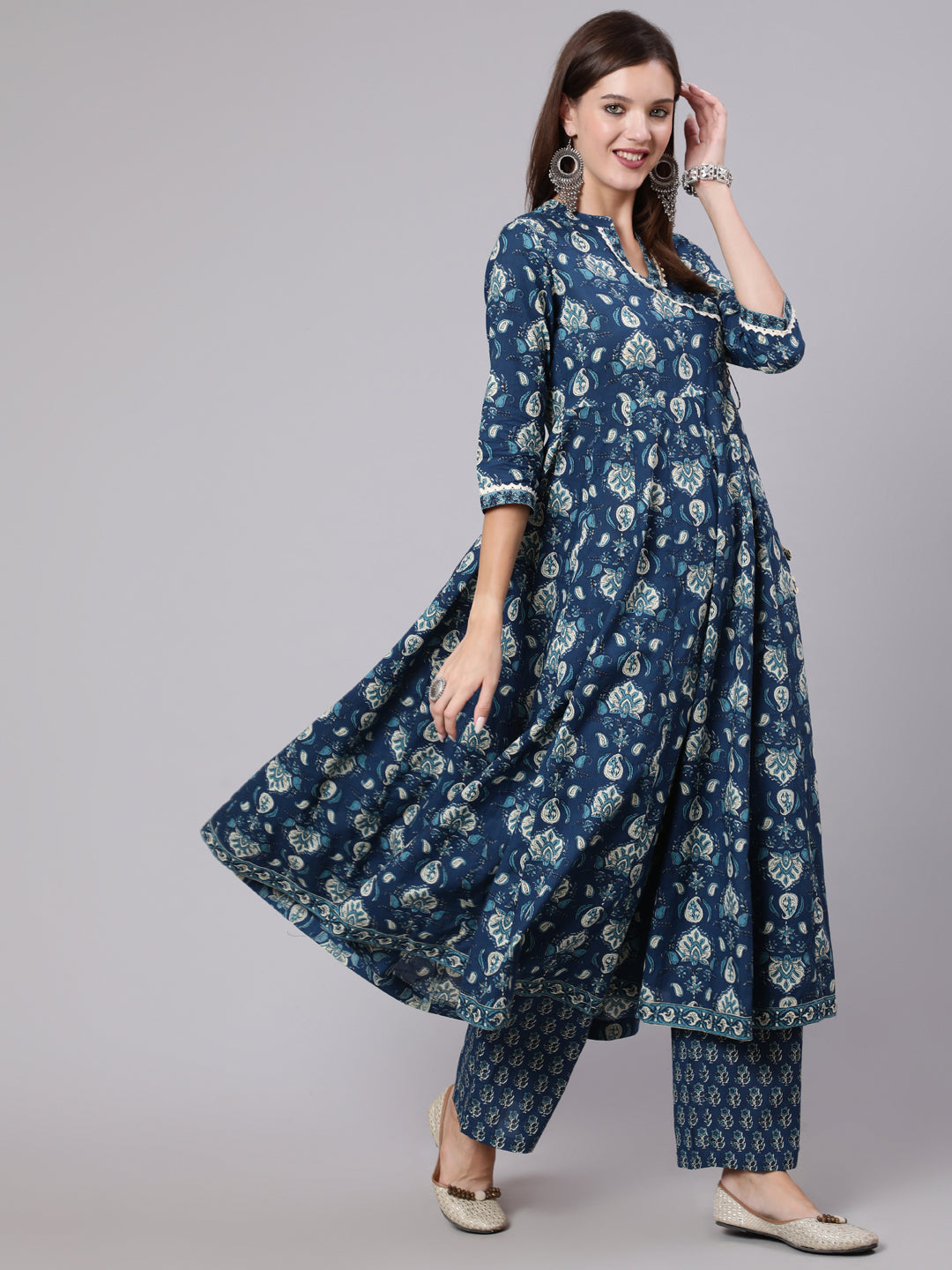 Cotton Calf Length Printed Flared 3/4 Sleeve Collar Neck Kurta Bottom Dupatta Set