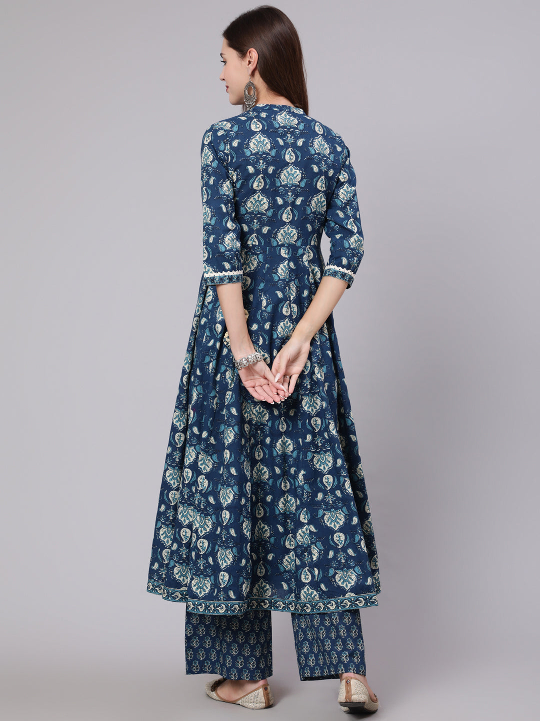 Cotton Calf Length Printed Flared 3/4 Sleeve Collar Neck Kurta Bottom Dupatta Set