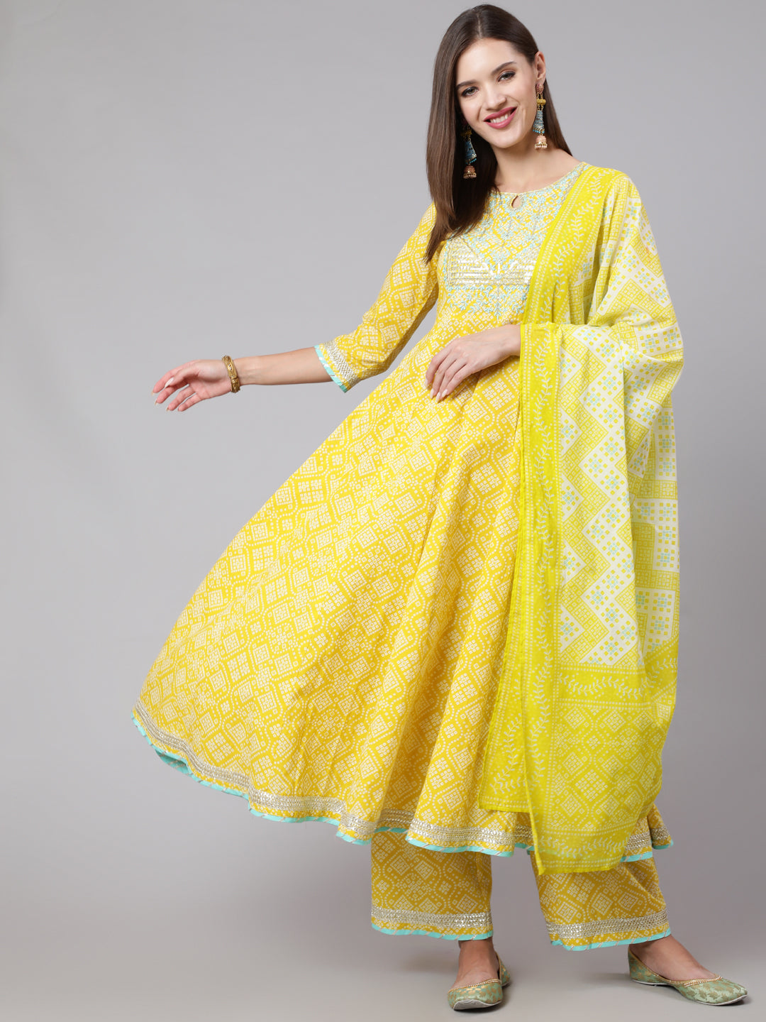 Cotton Calf Length Bandhni Print Flared 3/4 Sleeve Round Neck Kurta Bottom Dupatta Set