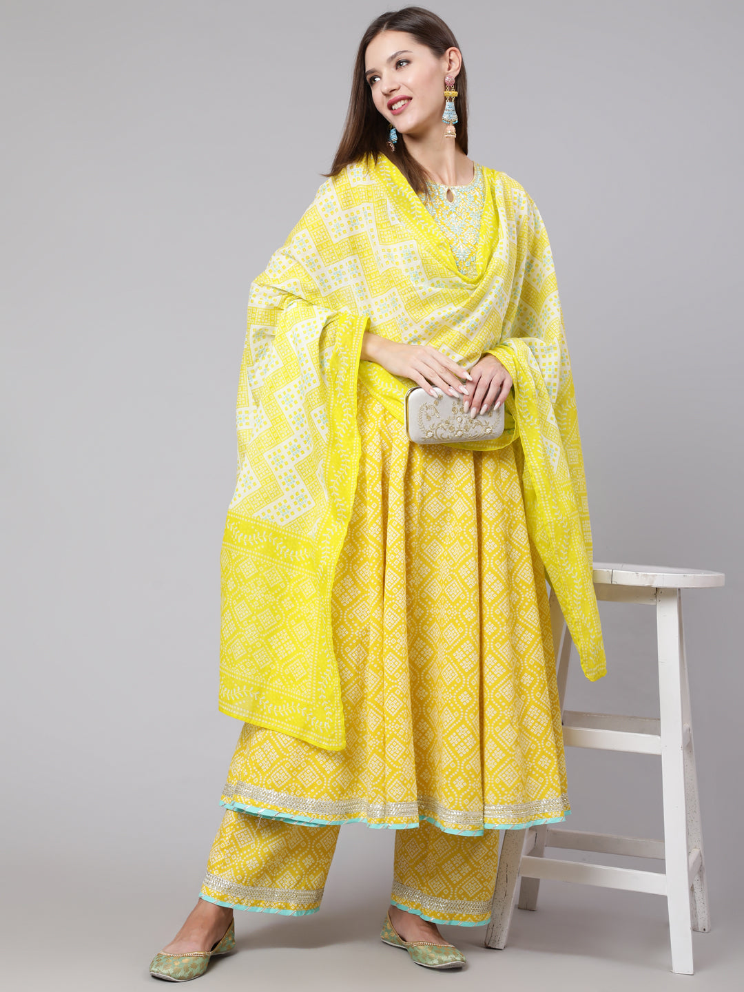 Cotton Calf Length Bandhni Print Flared 3/4 Sleeve Round Neck Kurta Bottom Dupatta Set
