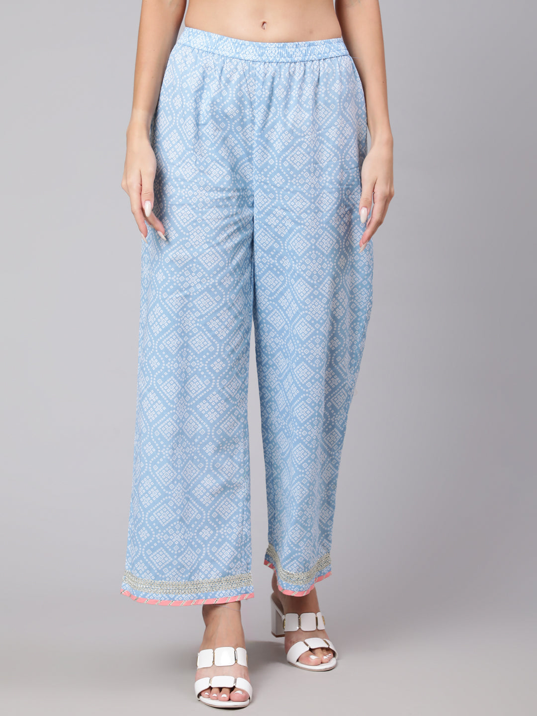 Cotton Calf Length Bandhni Print Flared 3/4 Sleeve Round Neck Kurta Bottom Dupatta Set