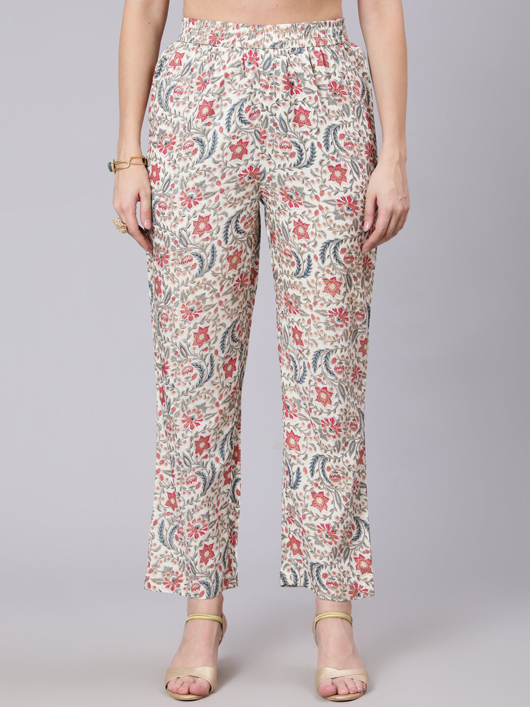 Cotton Calf Length Printed Flared 3/4 Sleeve Round Neck Kurta Pant Set