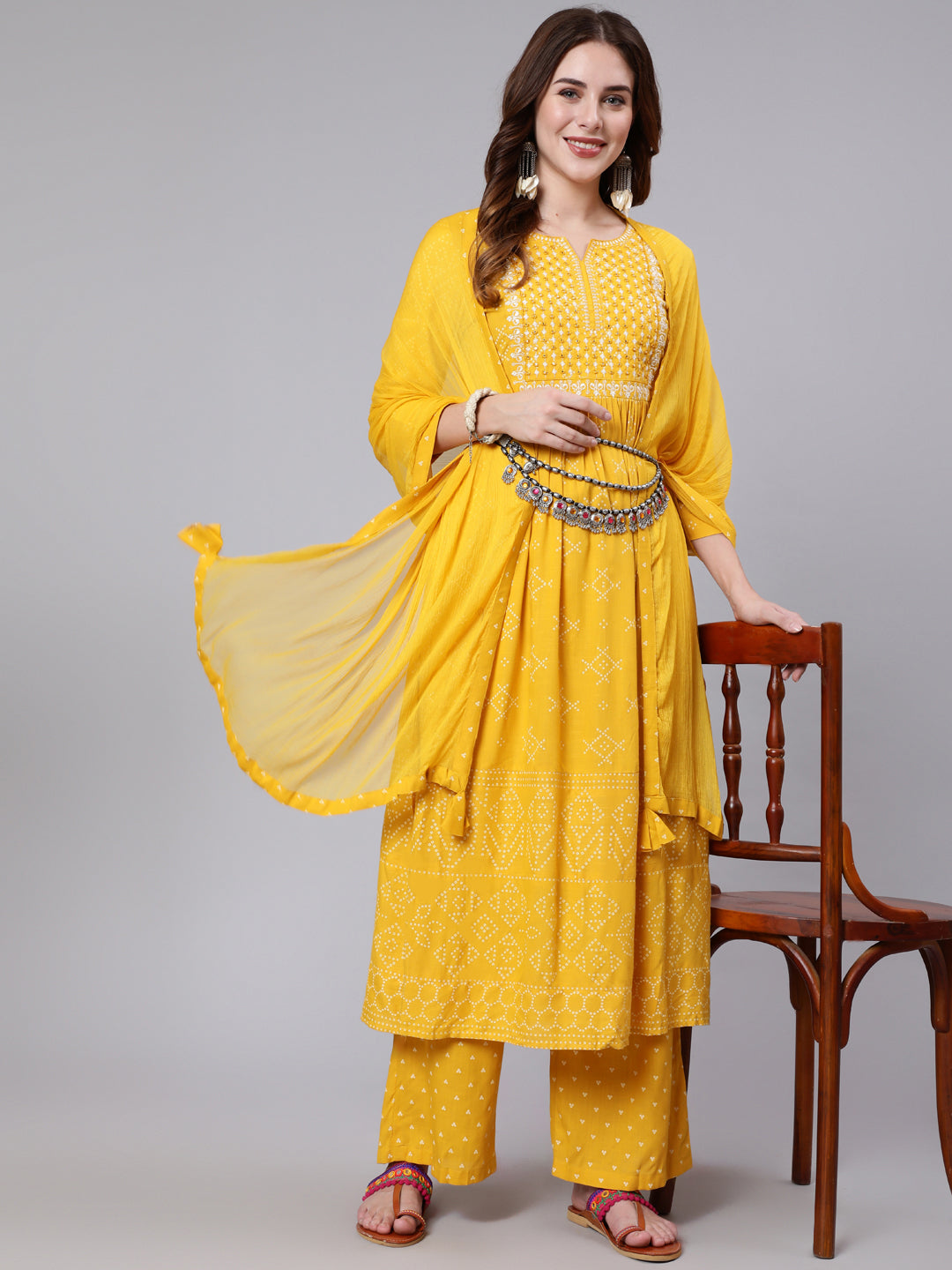 Rayon Calf Length Printed Semi Flared 3/4 Sleeve Round Neck Kurta Dupatta Pant Set