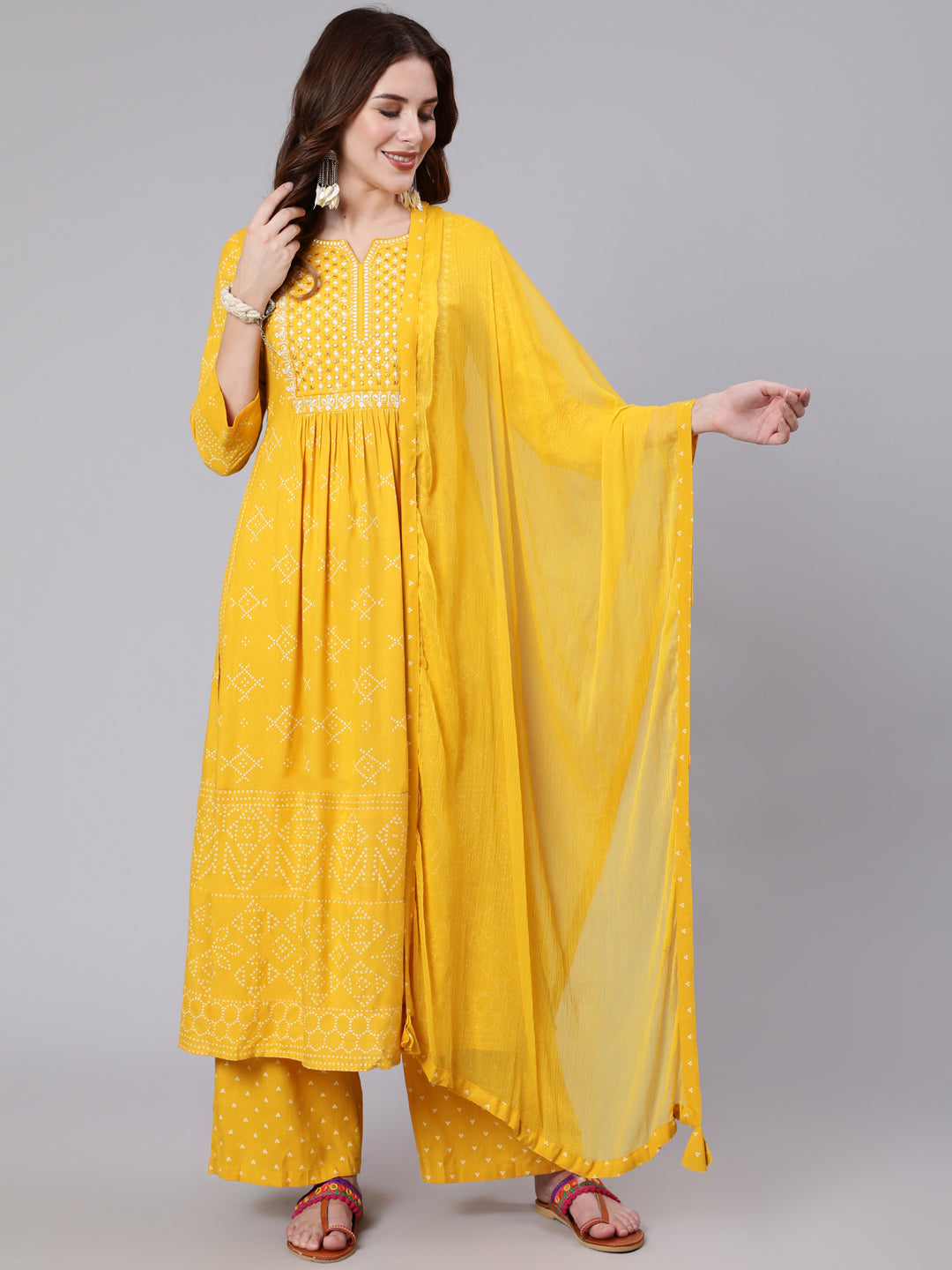 Rayon Calf Length Printed Semi Flared 3/4 Sleeve Round Neck Kurta Dupatta Pant Set