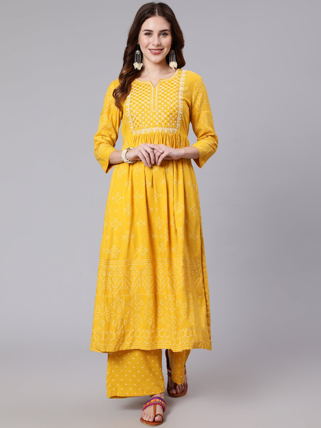 Rayon Calf Length Printed Semi Flared 3/4 Sleeve Round Neck Kurta Dupatta Pant Set
