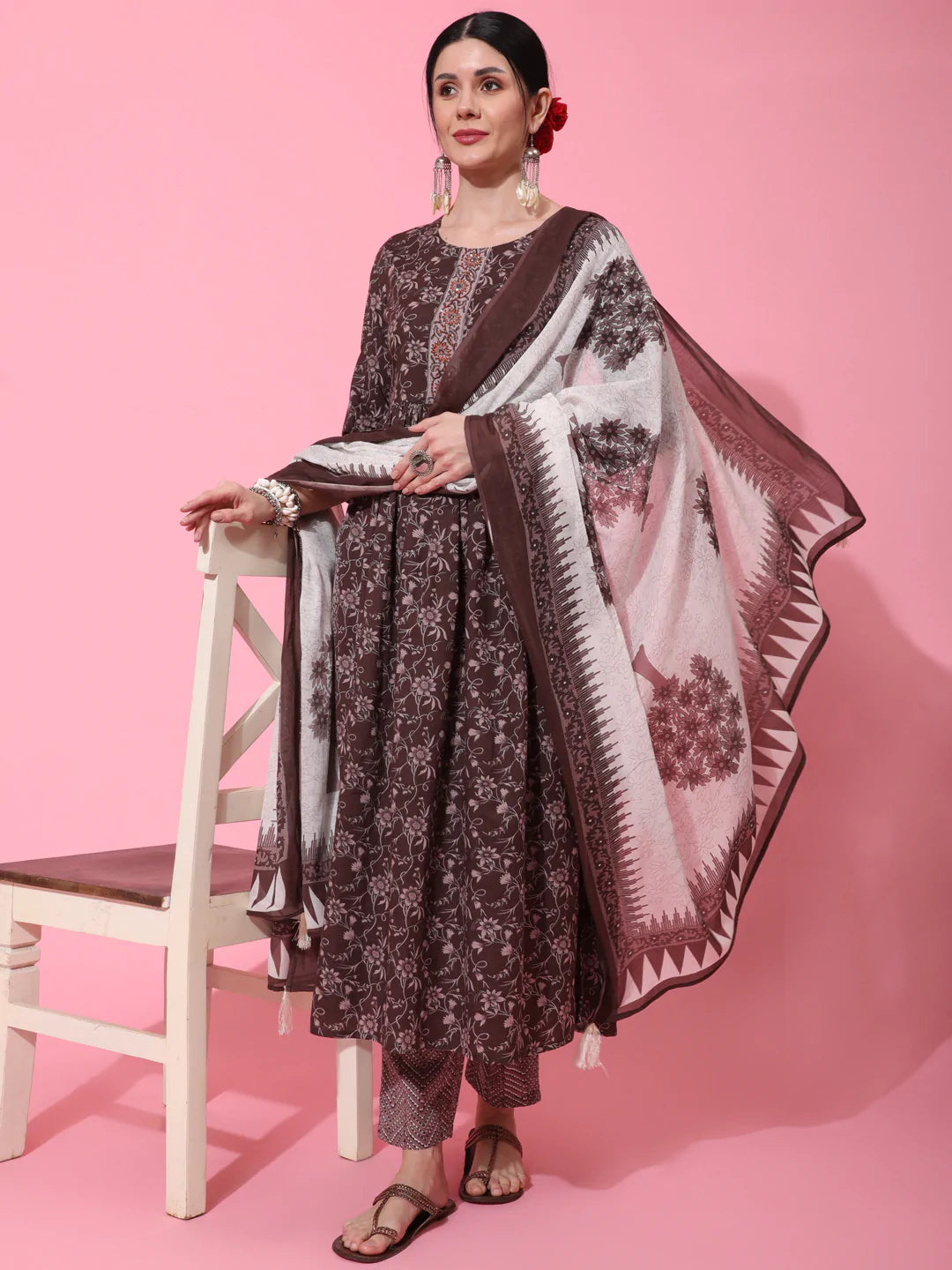 Cotton Calf Length Printed Semi Flared 3/4 Sleeve Round Neck Kurta Bottom Dupatta Set