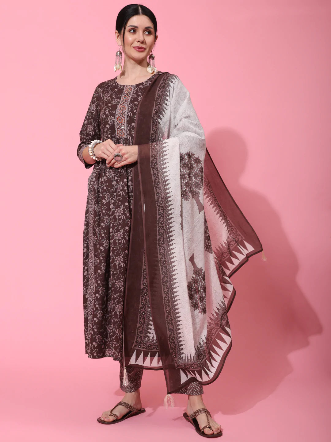 Cotton Calf Length Printed Semi Flared 3/4 Sleeve Round Neck Kurta Bottom Dupatta Set