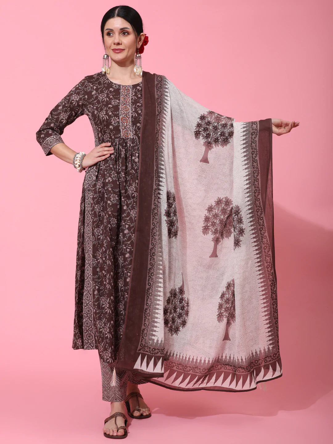 Cotton Calf Length Printed Semi Flared 3/4 Sleeve Round Neck Kurta Bottom Dupatta Set