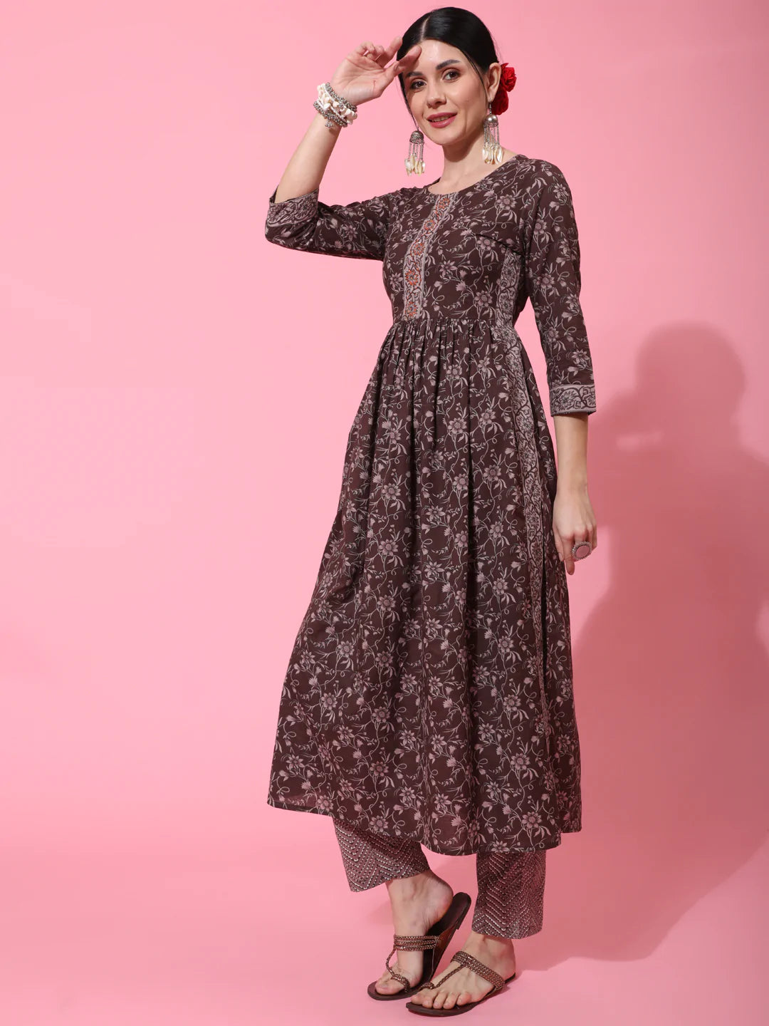 Cotton Calf Length Printed Semi Flared 3/4 Sleeve Round Neck Kurta Bottom Dupatta Set