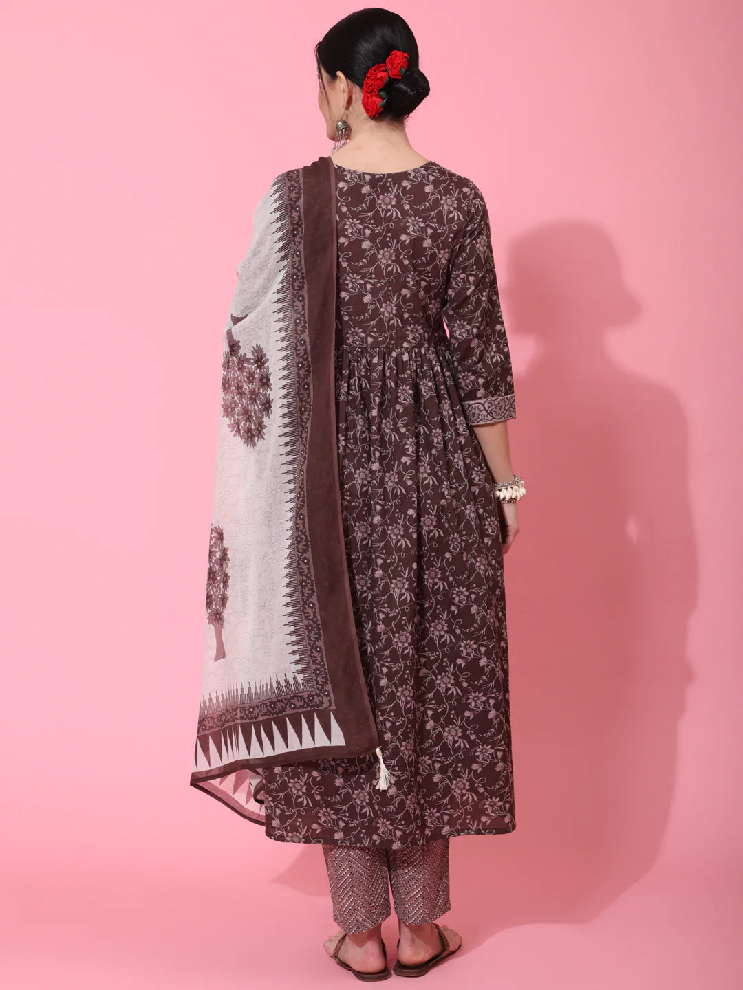Cotton Calf Length Printed Semi Flared 3/4 Sleeve Round Neck Kurta Bottom Dupatta Set