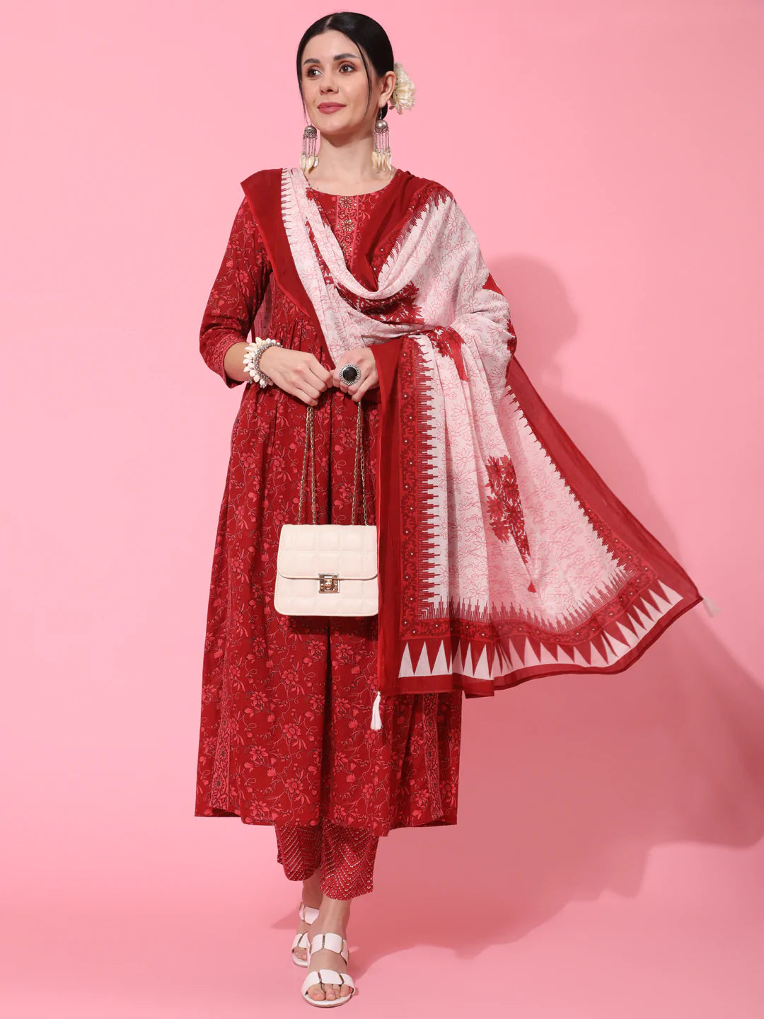Cotton Calf Length Printed Semi Flared 3/4 Sleeve Round Neck Kurta Bottom Dupatta Set