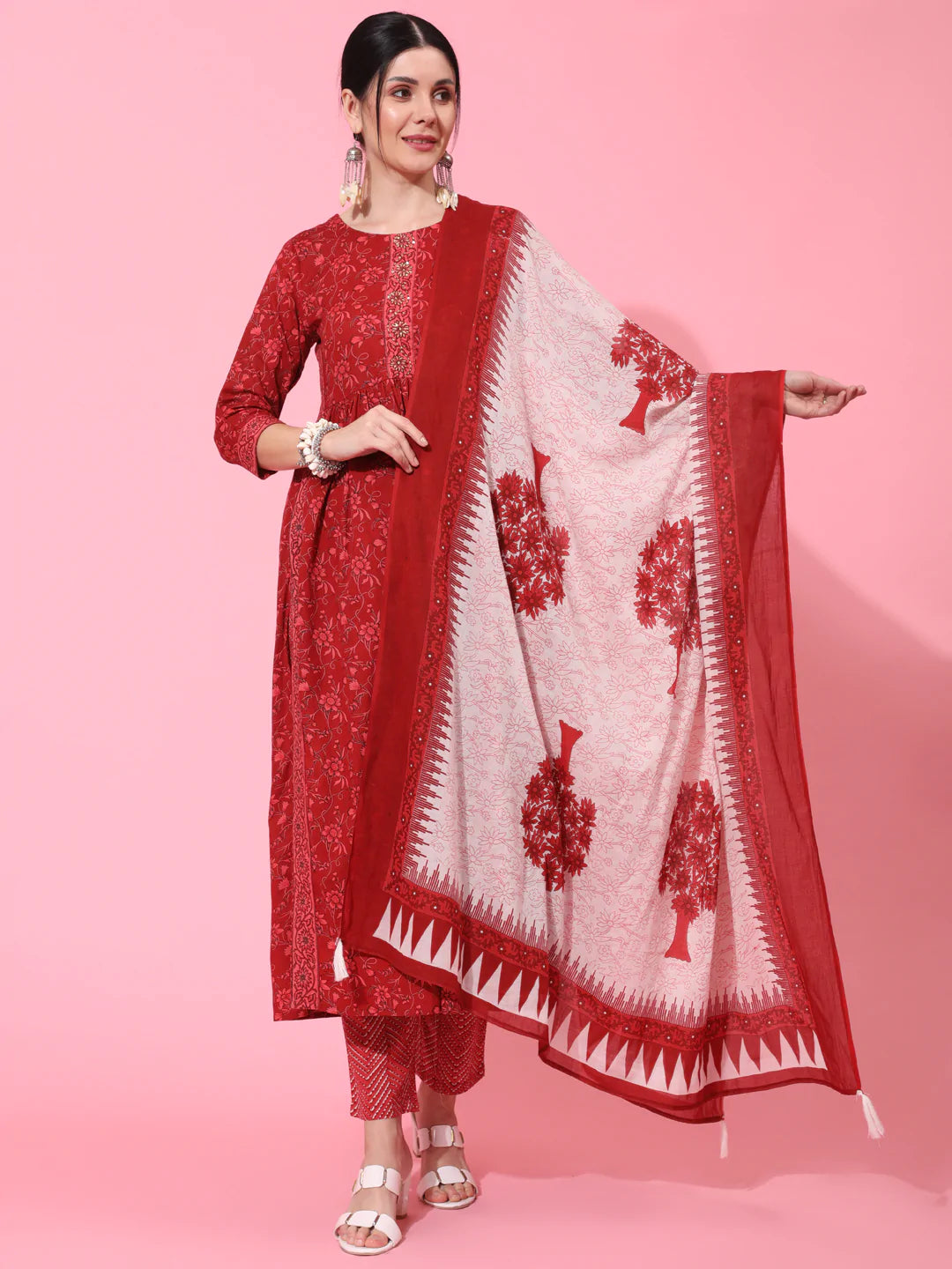 Cotton Calf Length Printed Semi Flared 3/4 Sleeve Round Neck Kurta Bottom Dupatta Set