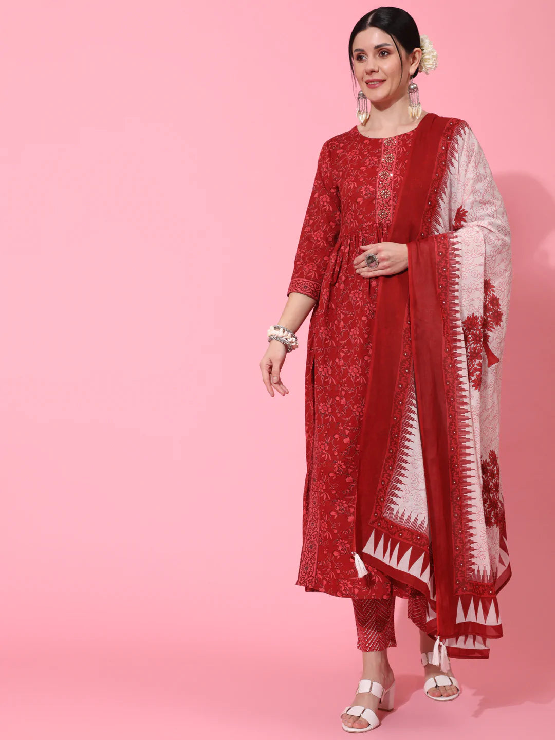 Cotton Calf Length Printed Semi Flared 3/4 Sleeve Round Neck Kurta Bottom Dupatta Set