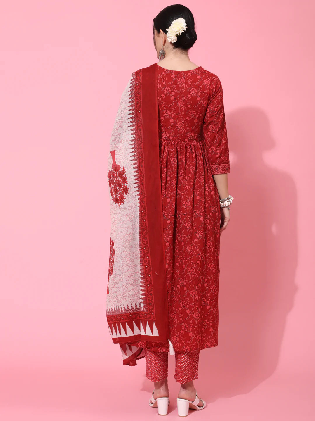 Cotton Calf Length Printed Semi Flared 3/4 Sleeve Round Neck Kurta Bottom Dupatta Set