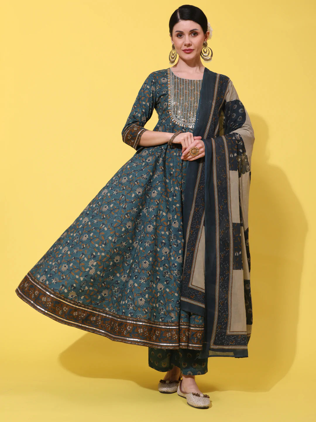 Cotton Calf Length Printed Flared 3/4 Sleeve Round Neck Kurta Bottom Dupatta Set