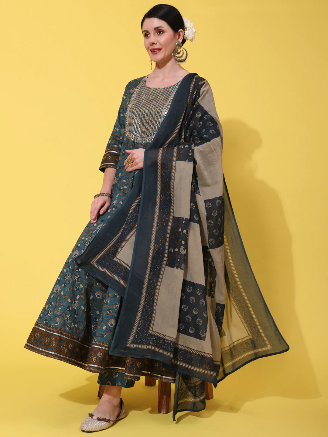 Cotton Calf Length Printed Flared 3/4 Sleeve Round Neck Kurta Bottom Dupatta Set