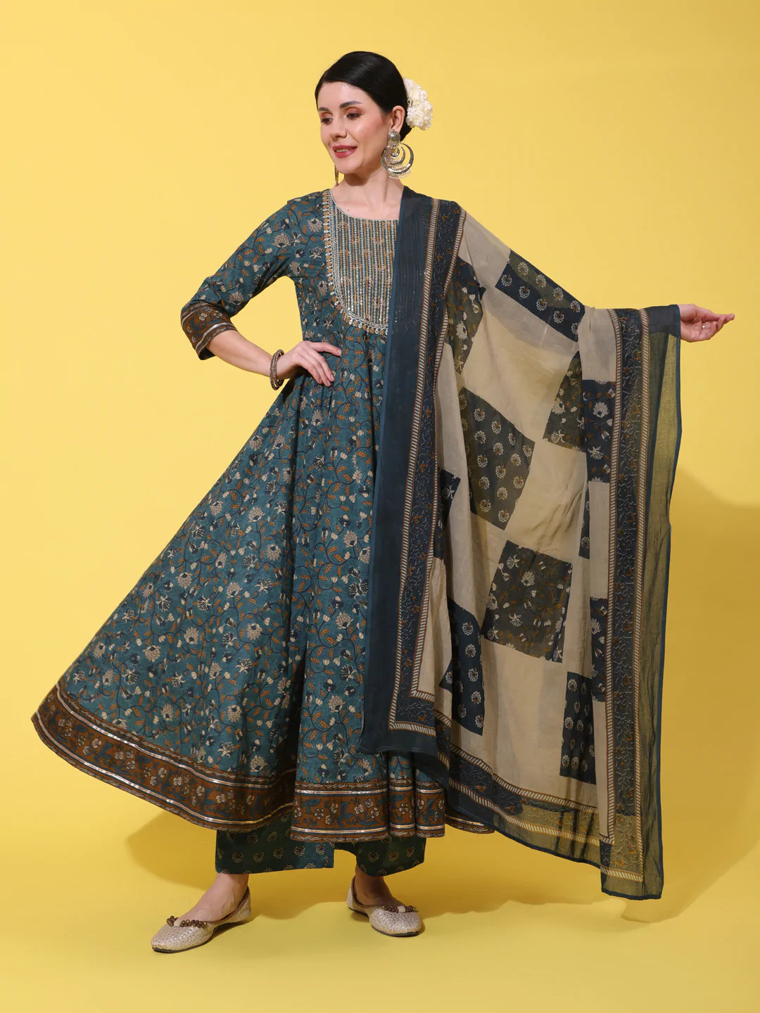 Cotton Calf Length Printed Flared 3/4 Sleeve Round Neck Kurta Bottom Dupatta Set