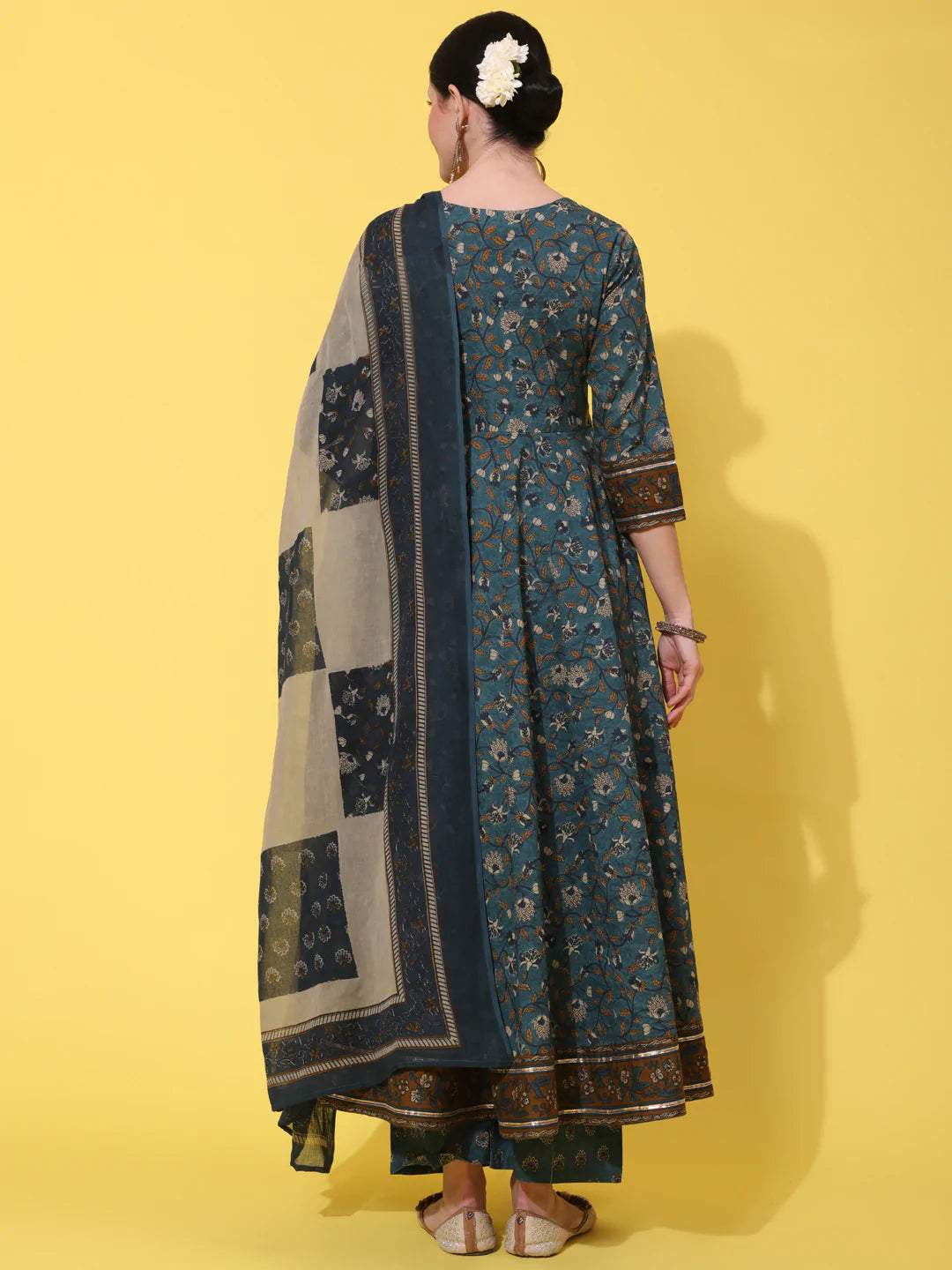 Cotton Calf Length Printed Flared 3/4 Sleeve Round Neck Kurta Bottom Dupatta Set