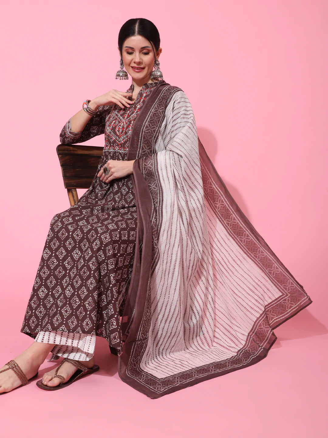 Cotton Calf Length Printed Semi Flared 3/4 Sleeve Collar Neck Kurta Bottom Dupatta Set