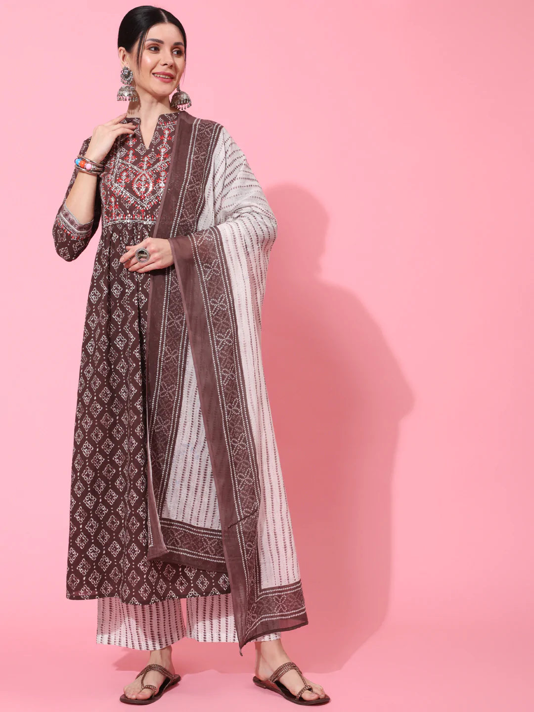 Cotton Calf Length Printed Semi Flared 3/4 Sleeve Collar Neck Kurta Bottom Dupatta Set