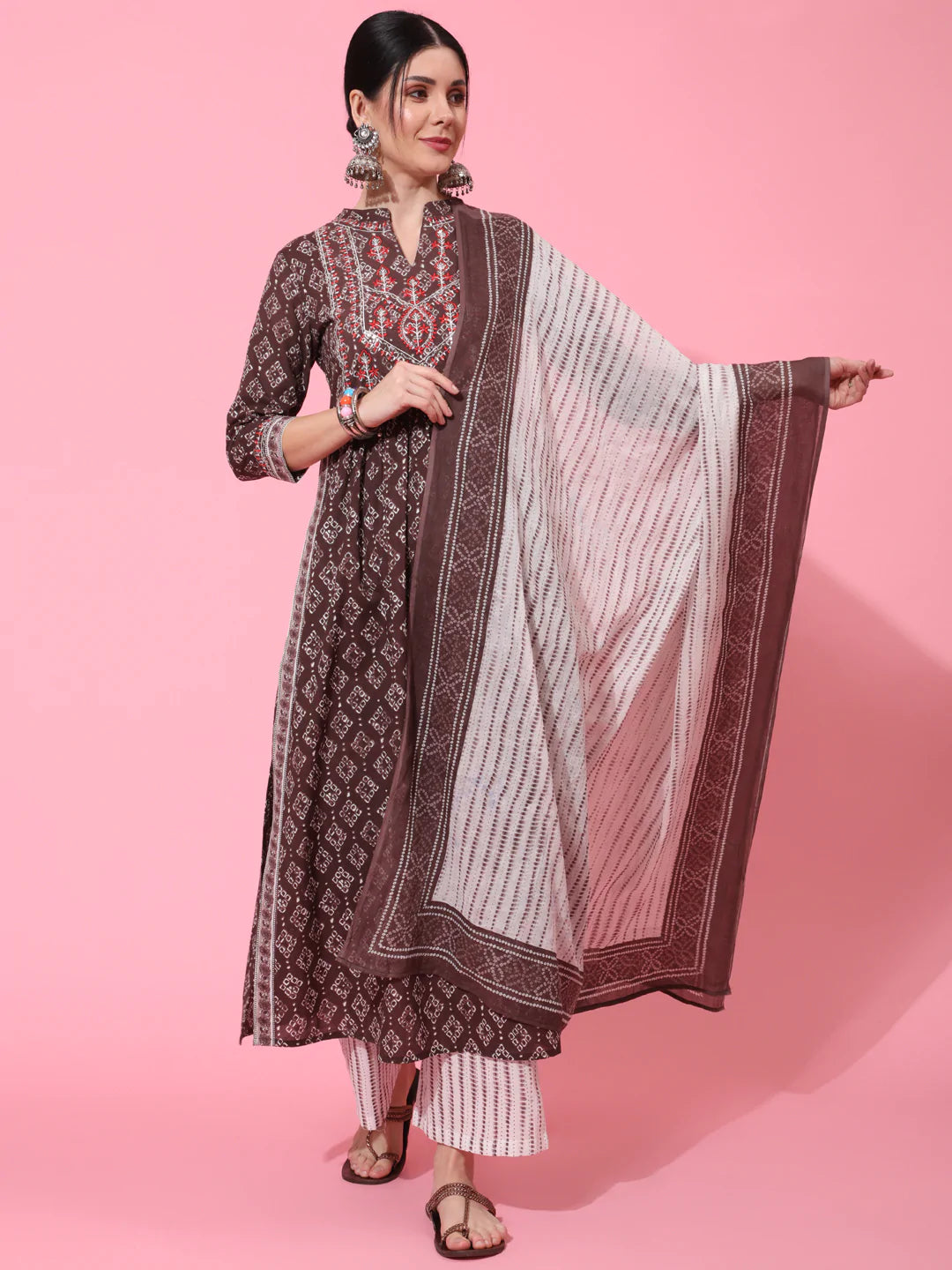 Cotton Calf Length Printed Semi Flared 3/4 Sleeve Collar Neck Kurta Bottom Dupatta Set