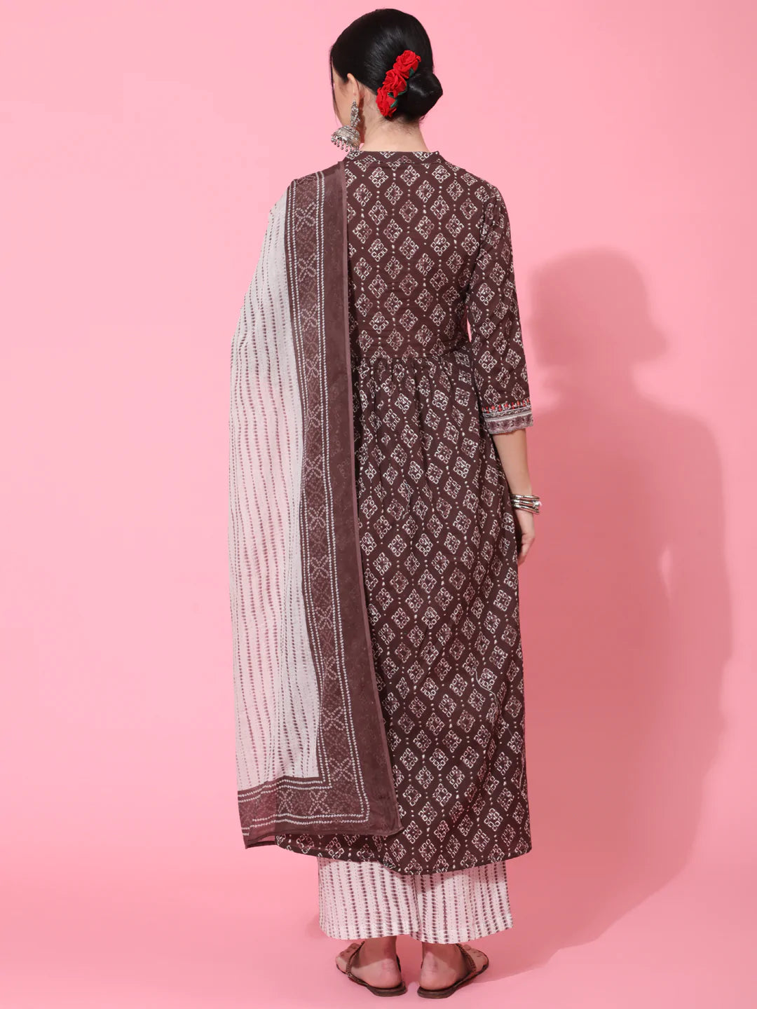 Cotton Calf Length Printed Semi Flared 3/4 Sleeve Collar Neck Kurta Bottom Dupatta Set