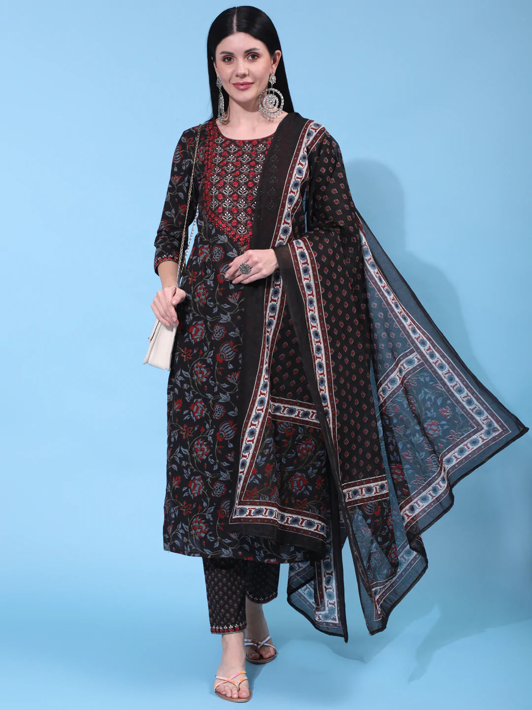 Cotton Calf Length Printed Straight 3/4 Sleeve Round Neck Kurta Bottom Dupatta Set