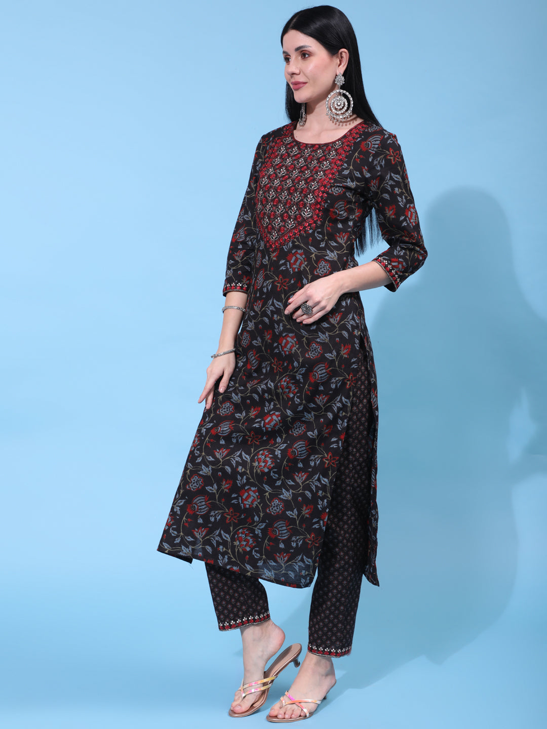 Cotton Calf Length Printed Straight 3/4 Sleeve Round Neck Kurta Bottom Dupatta Set