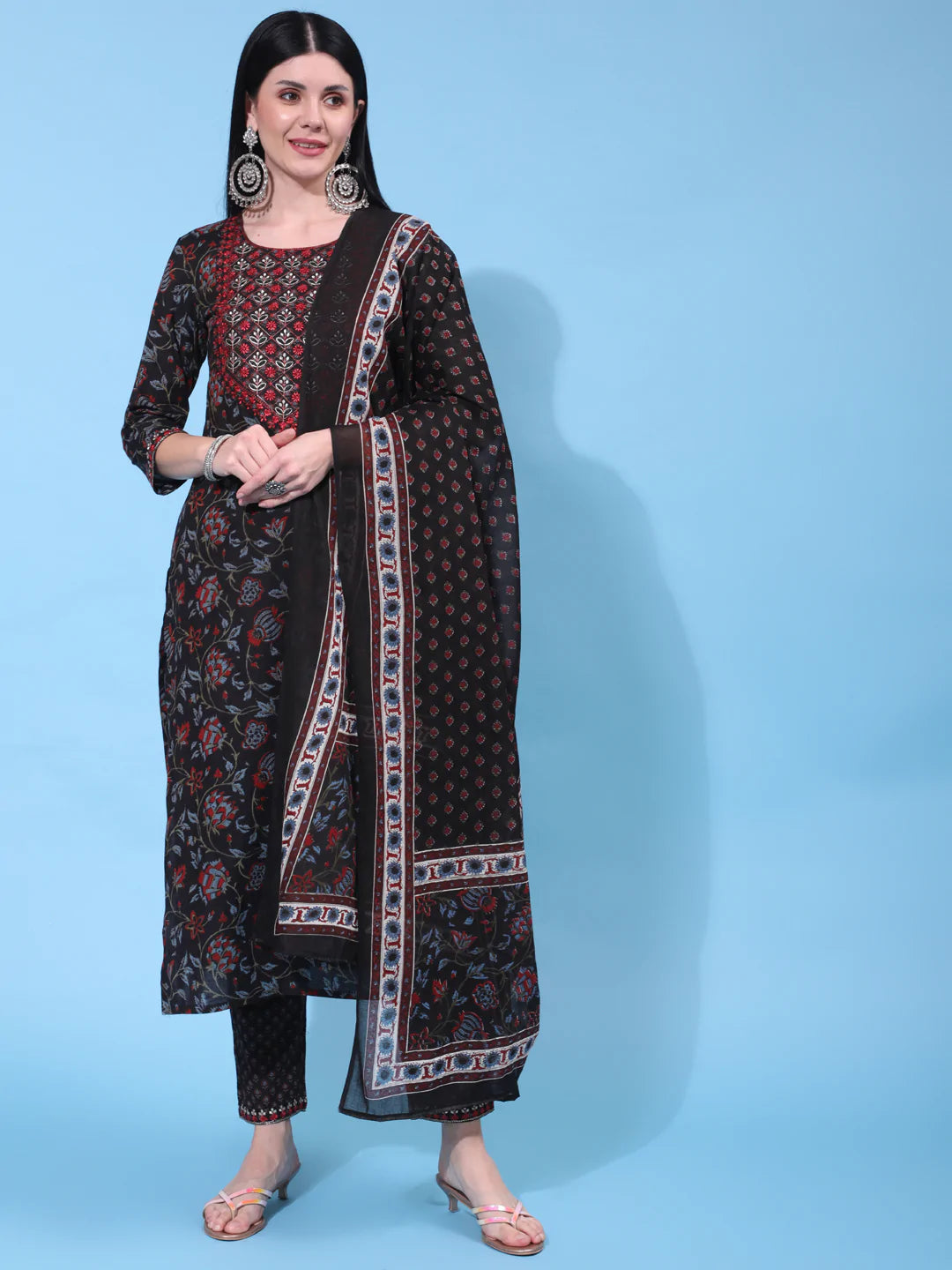 Cotton Calf Length Printed Straight 3/4 Sleeve Round Neck Kurta Bottom Dupatta Set