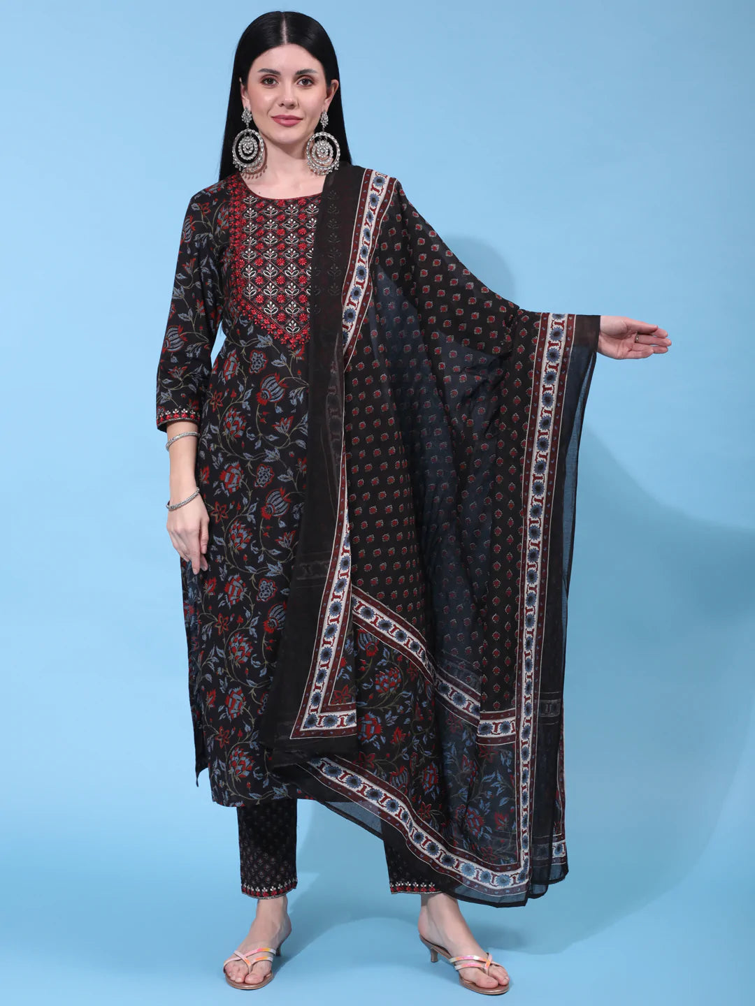 Cotton Calf Length Printed Straight 3/4 Sleeve Round Neck Kurta Bottom Dupatta Set