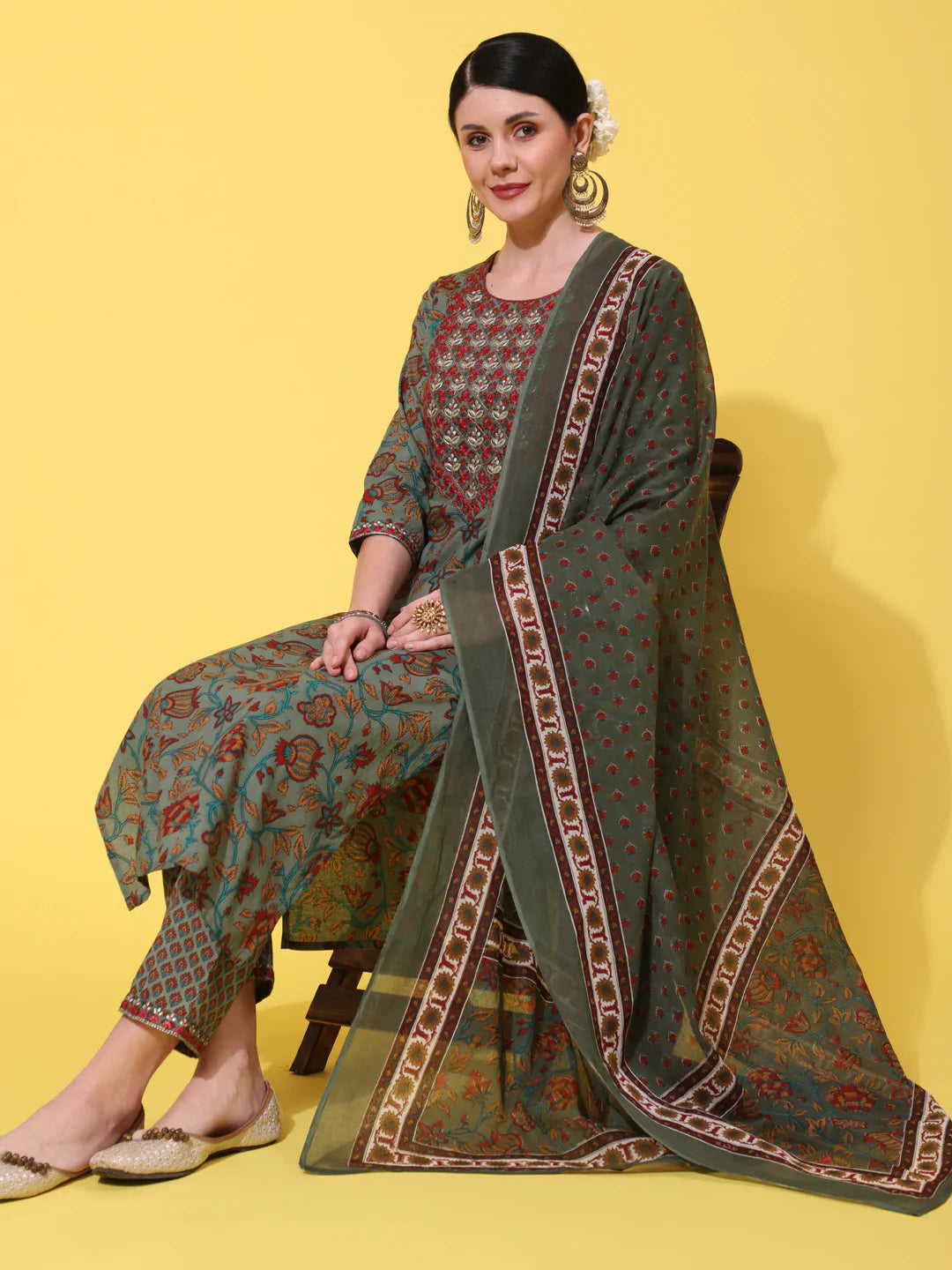 Cotton Calf Length Printed Straight 3/4 Sleeve Round Neck Kurta Bottom Dupatta Set