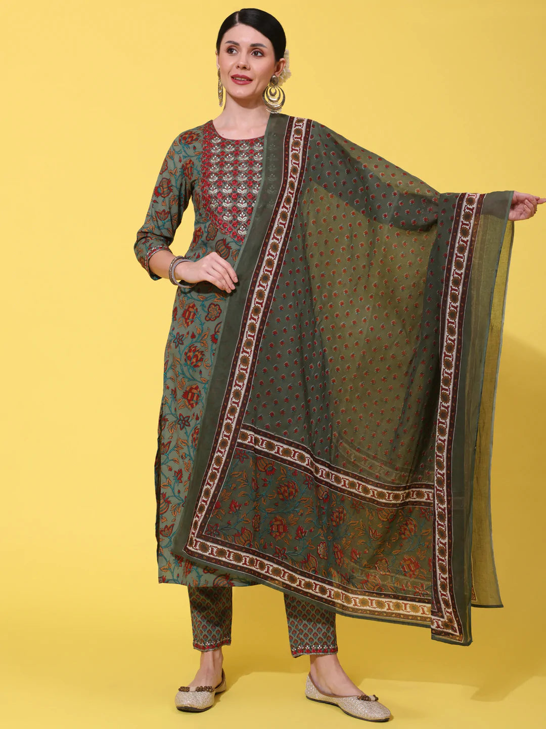 Cotton Calf Length Printed Straight 3/4 Sleeve Round Neck Kurta Bottom Dupatta Set
