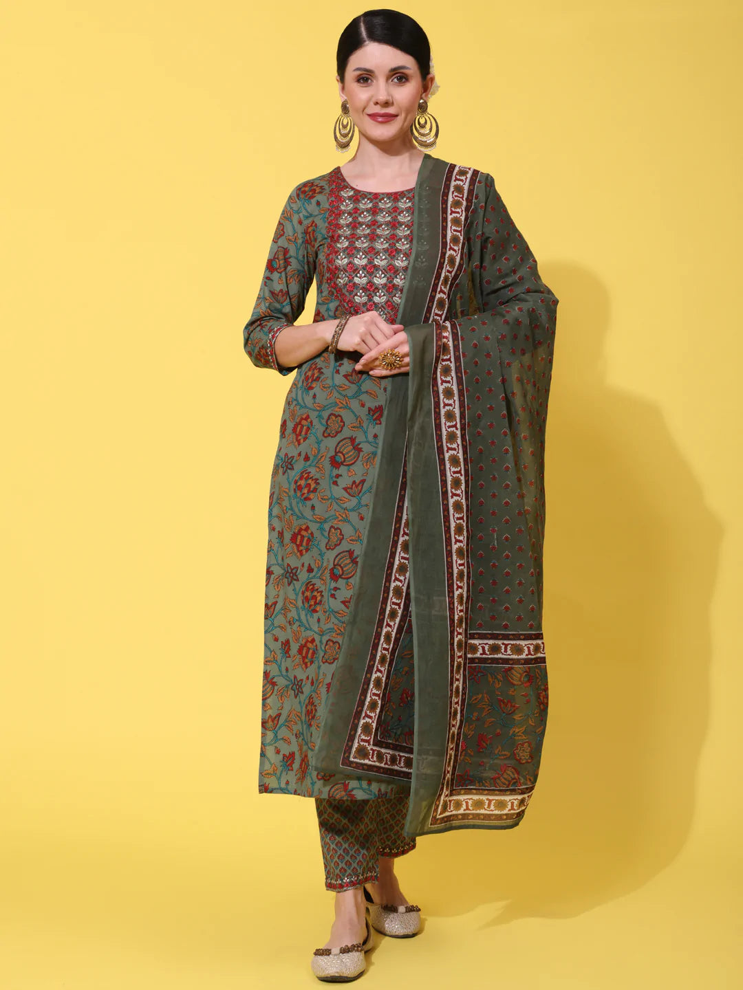 Cotton Calf Length Printed Straight 3/4 Sleeve Round Neck Kurta Bottom Dupatta Set