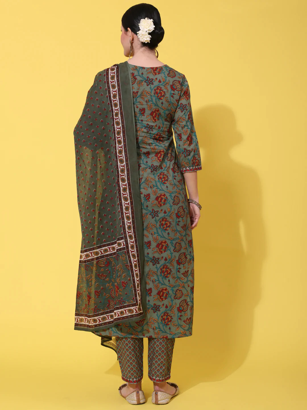 Cotton Calf Length Printed Straight 3/4 Sleeve Round Neck Kurta Bottom Dupatta Set