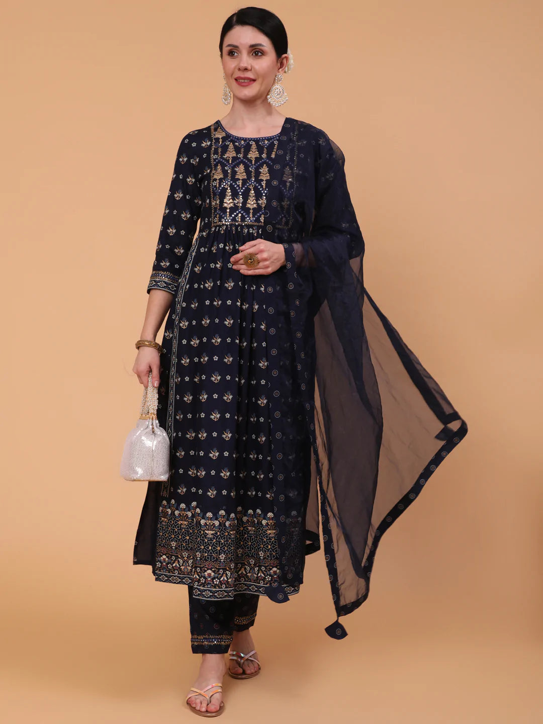 Rayon Calf Length Printed Semi Flared 3/4 Sleeve Round Neck Kurta Bottom Dupatta Set