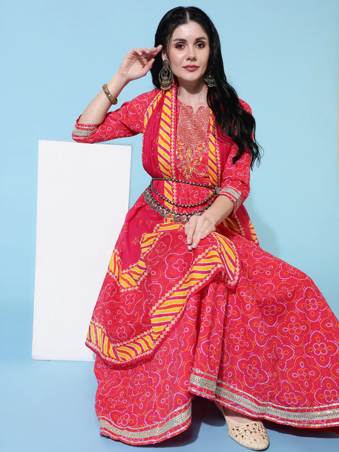 Cotton Calf Length Flared 3/4 Sleeve Printed Round Neck Kurta Bottom Dupatta Set