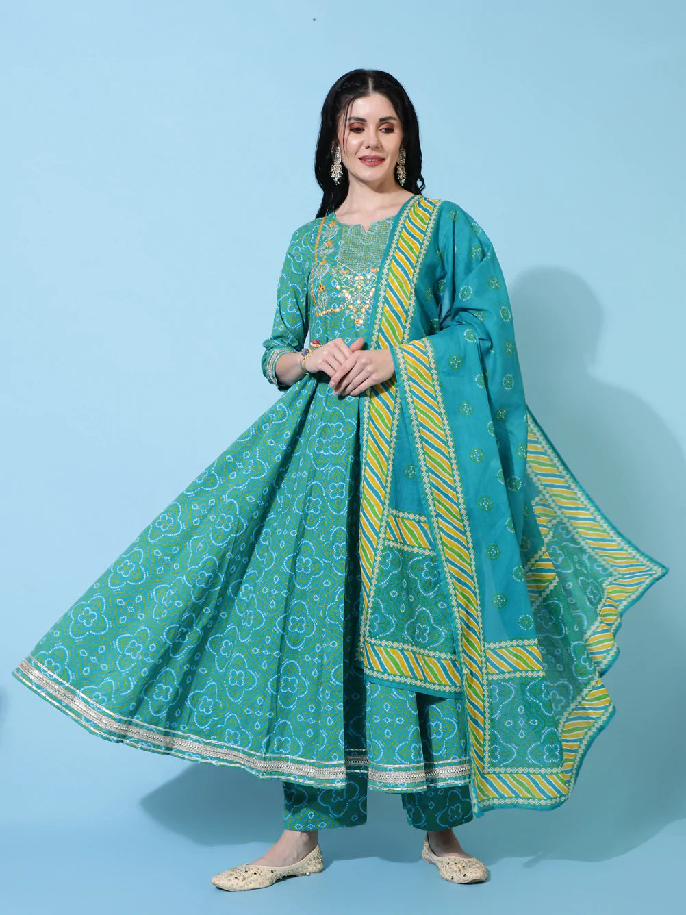 Cotton Calf Length Flared 3/4 Sleeve Printed Round Neck Kurta Bottom Dupatta Set