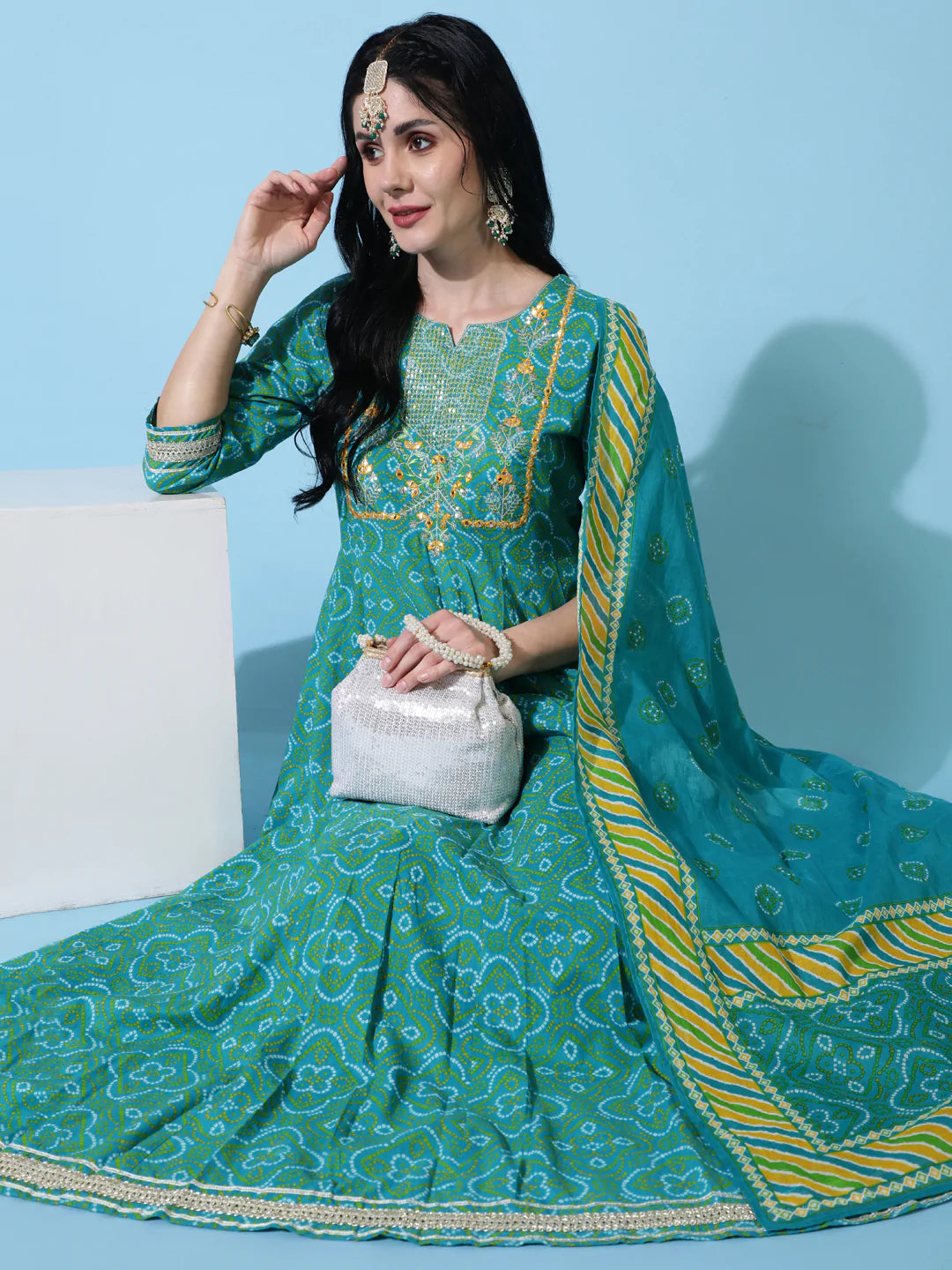Cotton Calf Length Flared 3/4 Sleeve Printed Round Neck Kurta Bottom Dupatta Set