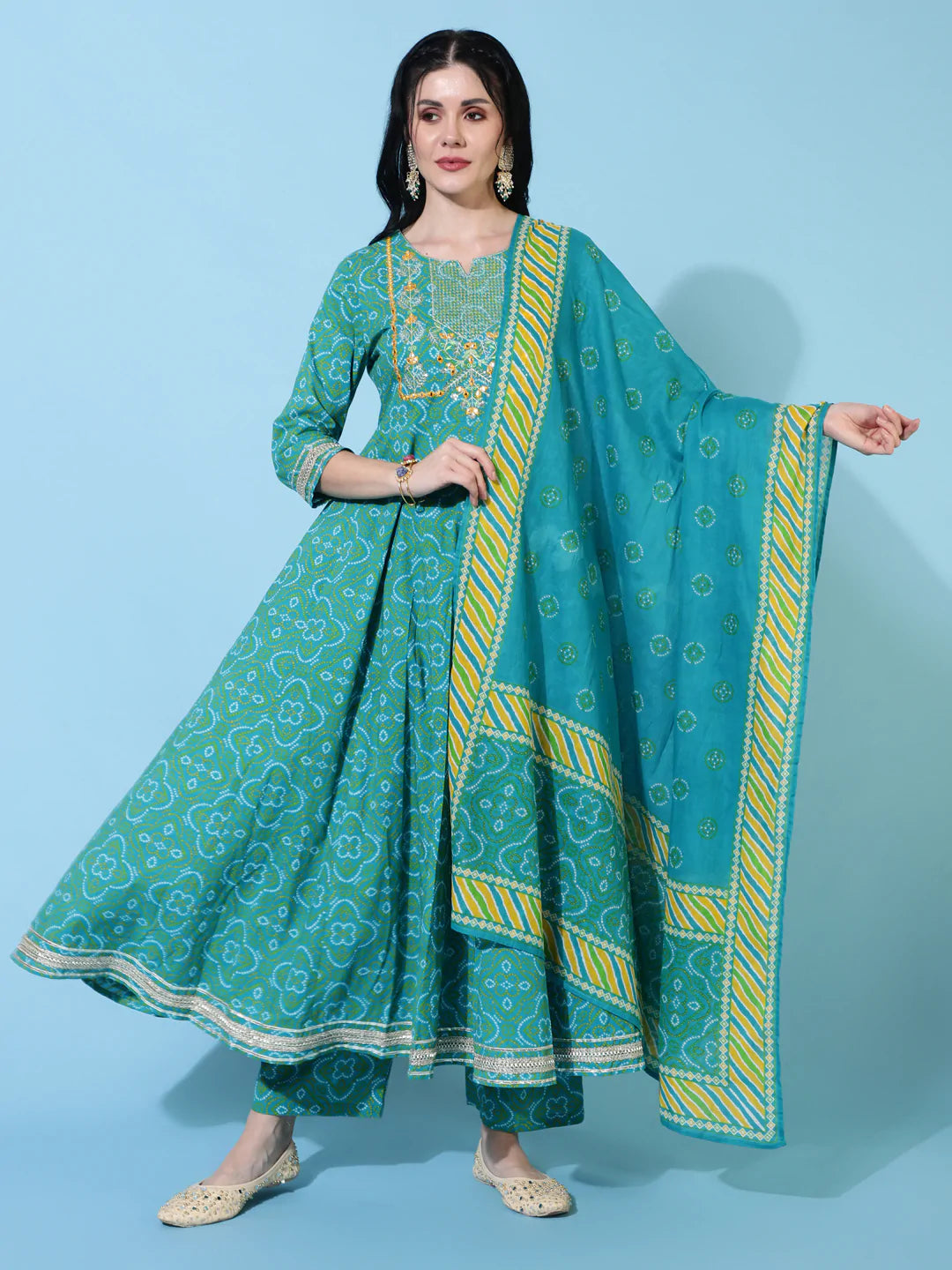 Cotton Calf Length Flared 3/4 Sleeve Printed Round Neck Kurta Bottom Dupatta Set