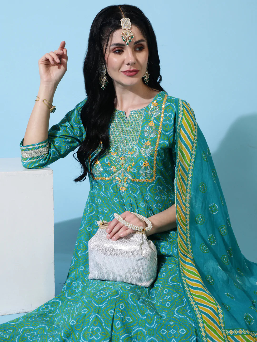 Cotton Calf Length Flared 3/4 Sleeve Printed Round Neck Kurta Bottom Dupatta Set