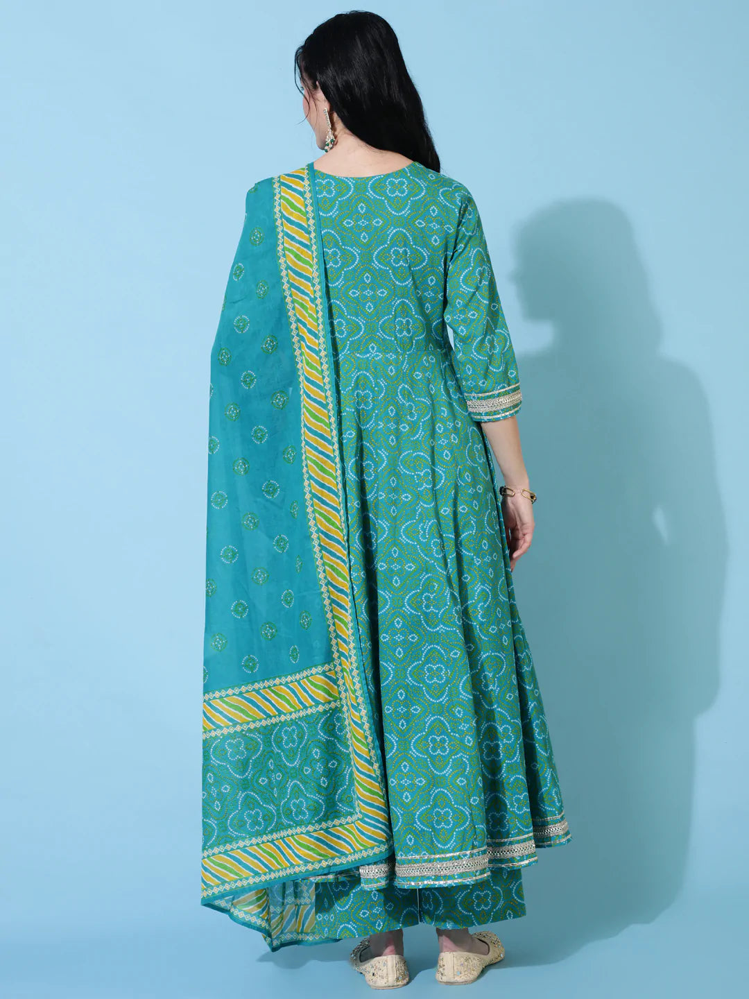 Cotton Calf Length Flared 3/4 Sleeve Printed Round Neck Kurta Bottom Dupatta Set