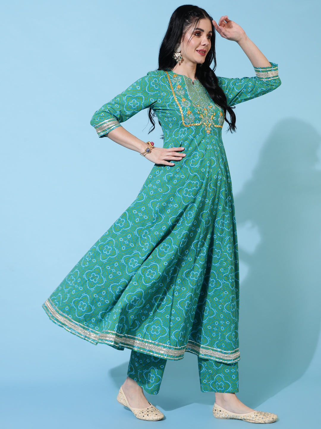 Cotton Calf Length Flared 3/4 Sleeve Printed Round Neck Kurta Bottom Dupatta Set