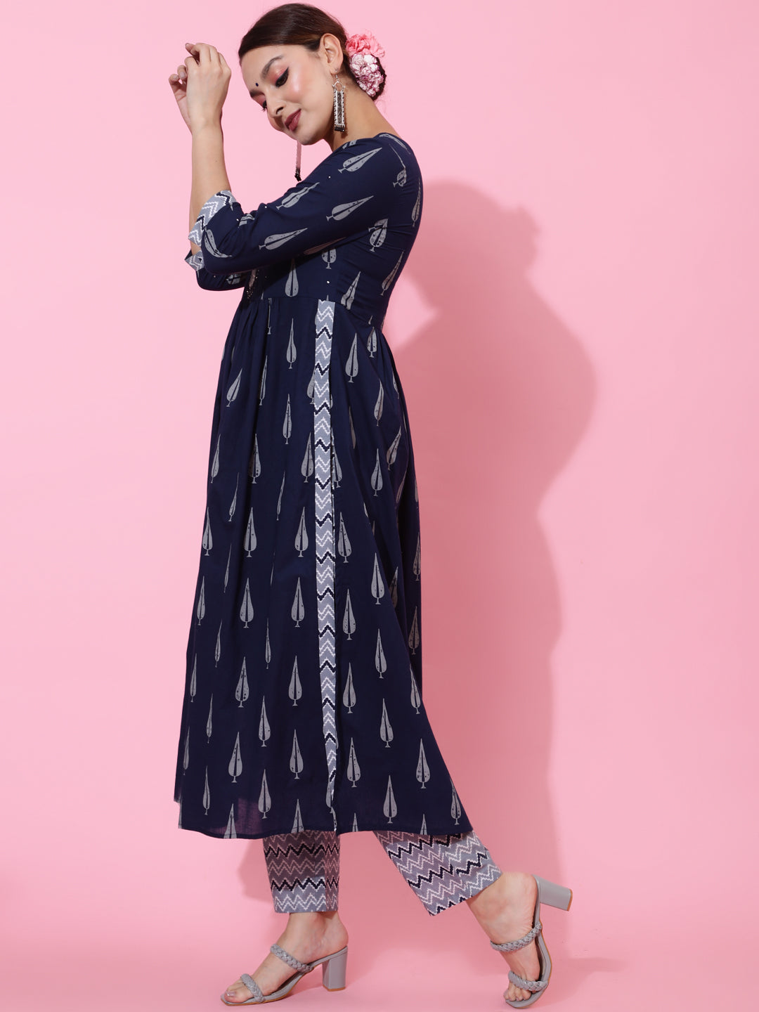 Cotton Calf Printed Semi-Flared 3/4 Sleeve Round Kurta Bottom Dupatta Set