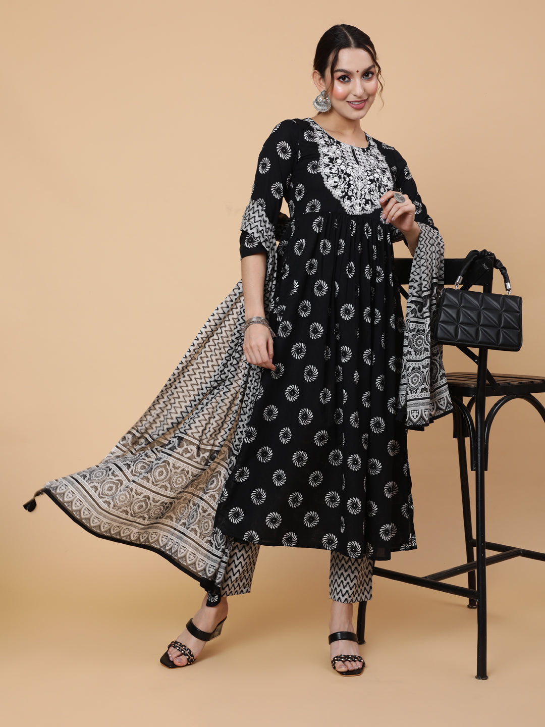 Cotton Calf Printed Semi-Flared 3/4 Sleeve Round Kurta Bottom Dupatta Set