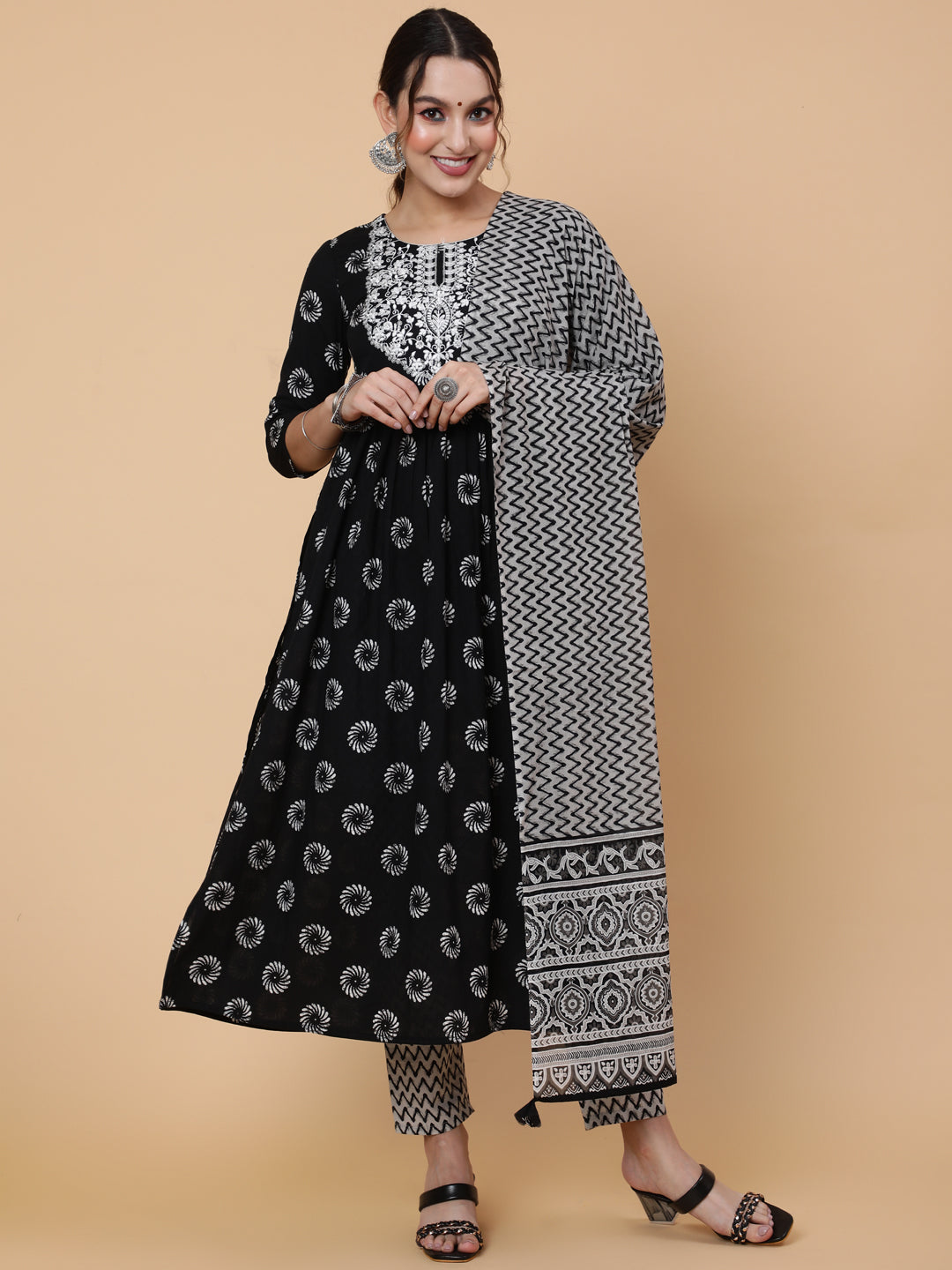 Cotton Calf Printed Semi-Flared 3/4 Sleeve Round Kurta Bottom Dupatta Set