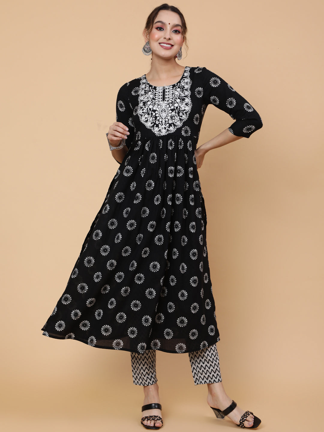 Cotton Calf Printed Semi-Flared 3/4 Sleeve Round Kurta Bottom Dupatta Set