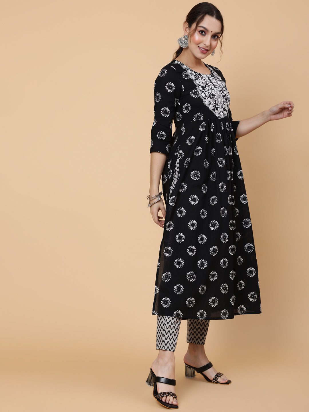 Cotton Calf Printed Semi-Flared 3/4 Sleeve Round Kurta Bottom Dupatta Set