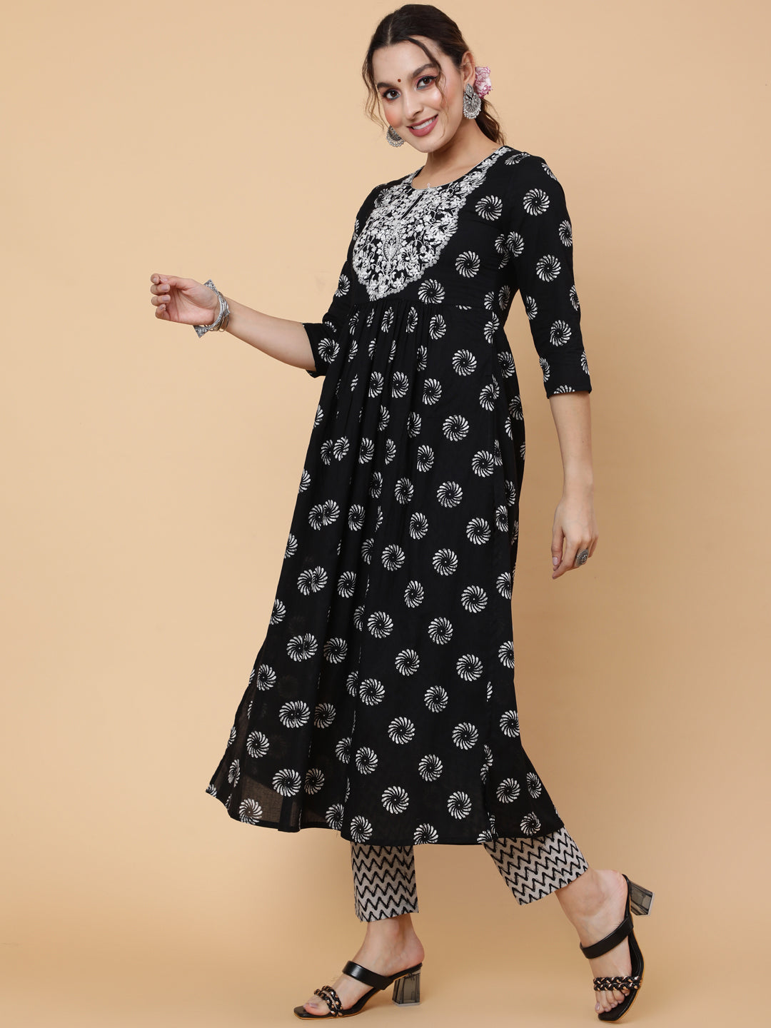 Cotton Calf Printed Semi-Flared 3/4 Sleeve Round Kurta Bottom Dupatta Set