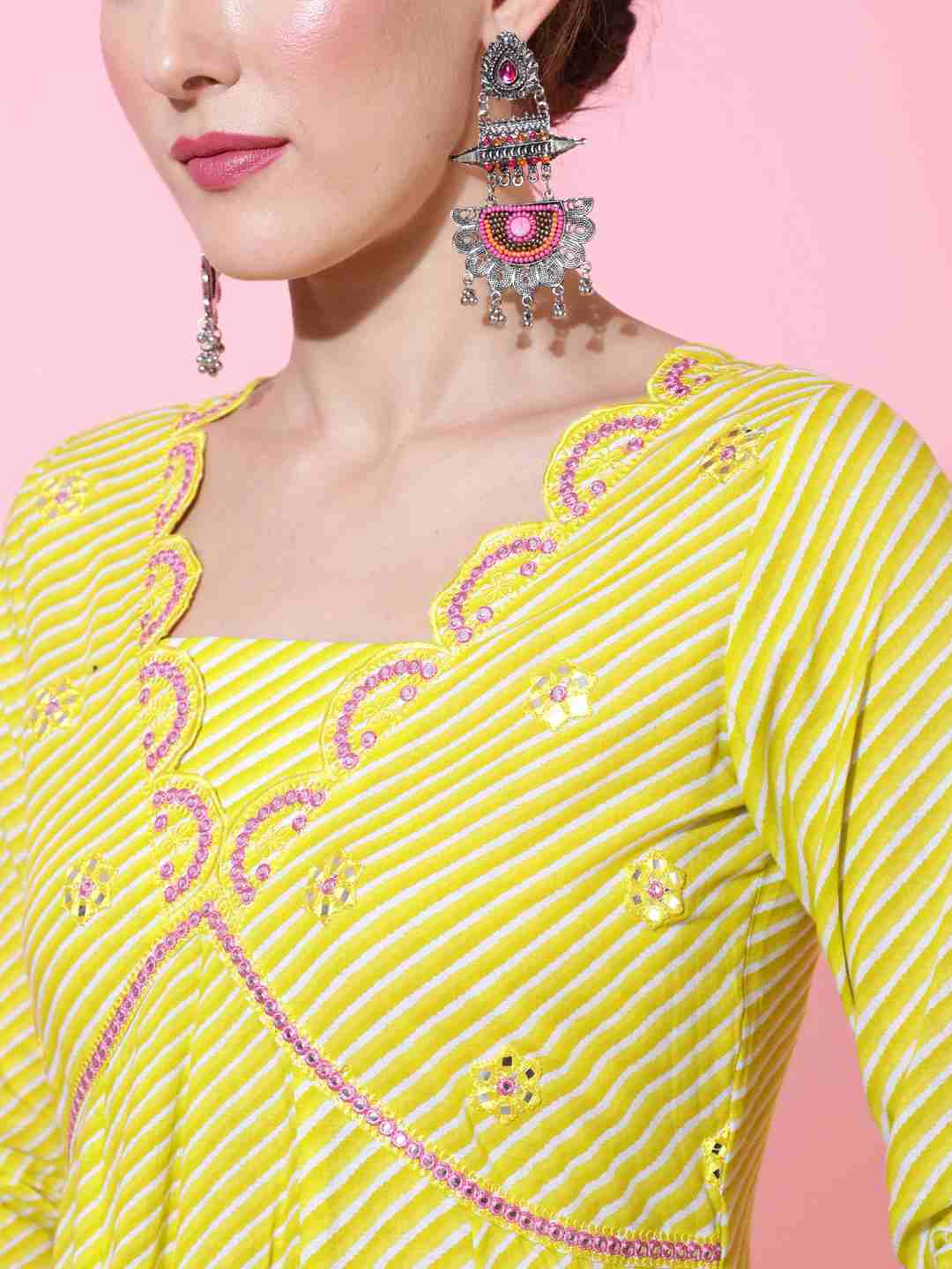 Cotton Calf Length Printed Flared 3/4 sleeves V neck Kurta Bottom Dupatta Set