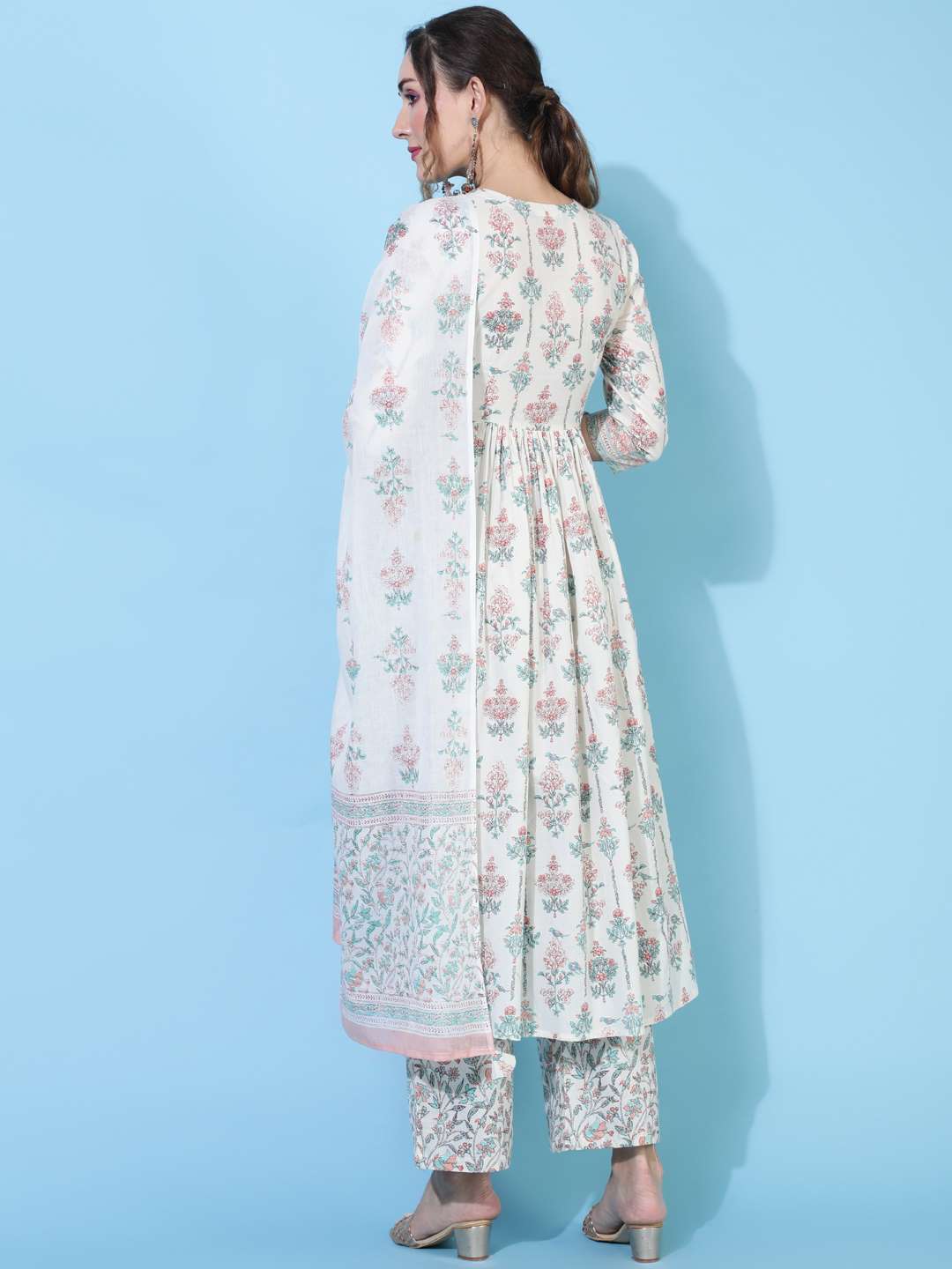 Cotton Calf Length Printed Flared 3/4 sleeves V neck Kurta Bottom Dupatta Set